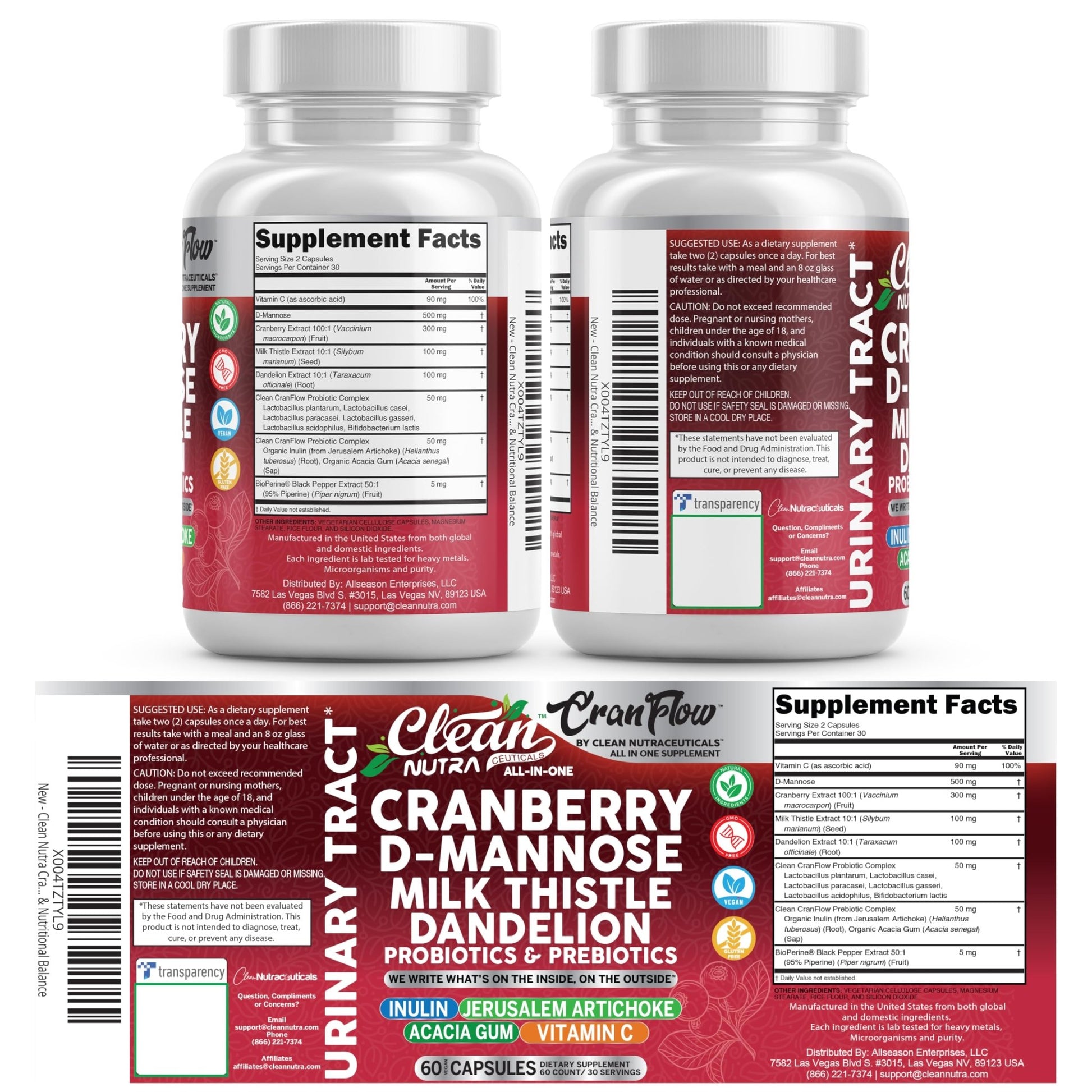 Cran Flow Cranberry Pills for Urinary Health D-Mannose Milk Thistle Dandelion Inulin Vitamin C Prebiotics and Probiotics Bladder Support By Clean Nutra - dailyvitalstore