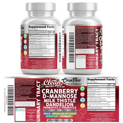 Cran Flow Cranberry Pills for Urinary Health D-Mannose Milk Thistle Dandelion Inulin Vitamin C Prebiotics and Probiotics Bladder Support By Clean Nutra - dailyvitalstore