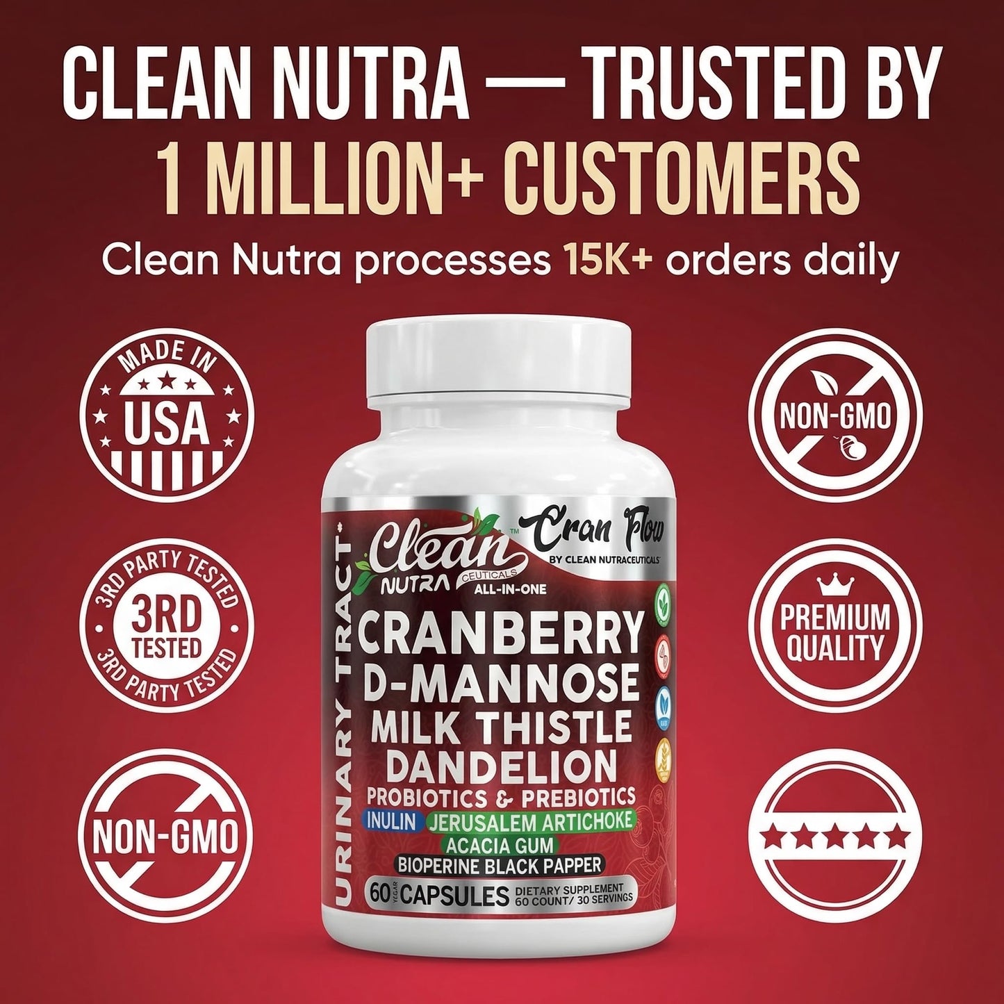 Cran Flow Cranberry Pills for Urinary Health D-Mannose Milk Thistle Dandelion Inulin Vitamin C Prebiotics and Probiotics Bladder Support By Clean Nutra - dailyvitalstore