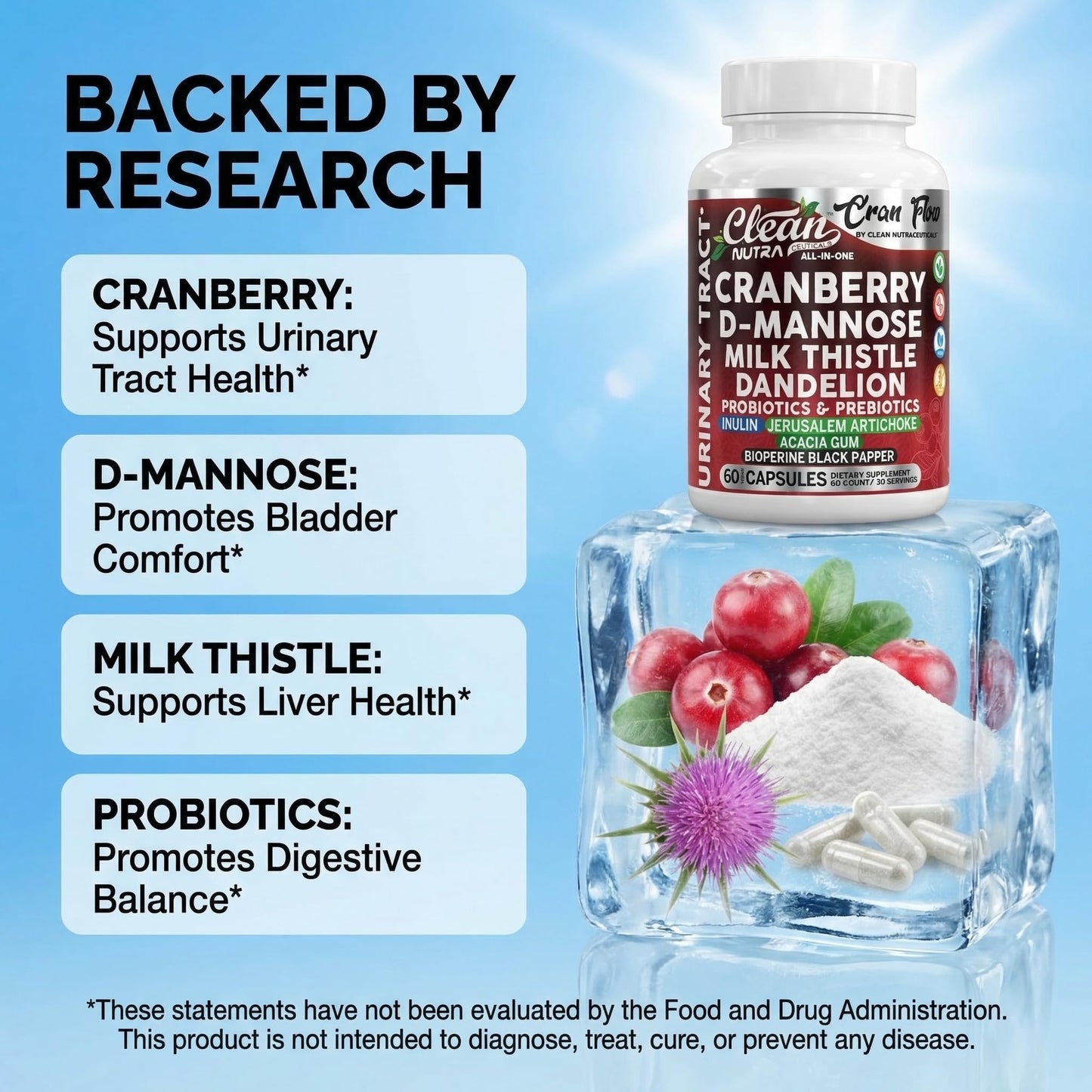 Cran Flow Cranberry Pills for Urinary Health D-Mannose Milk Thistle Dandelion Inulin Vitamin C Prebiotics and Probiotics Bladder Support By Clean Nutra - dailyvitalstore