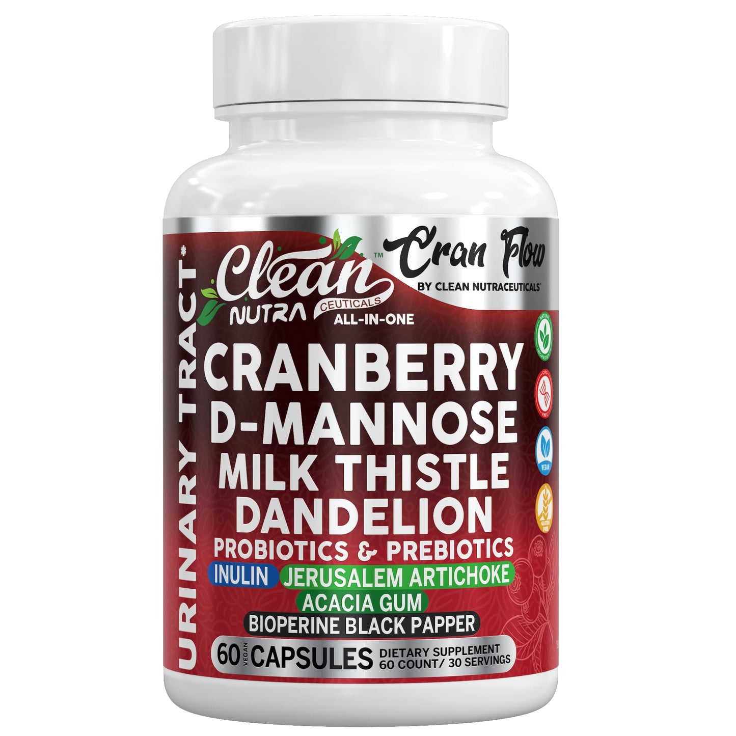 Cran Flow Cranberry Pills for Urinary Health D-Mannose Milk Thistle Dandelion Inulin Vitamin C Prebiotics and Probiotics Bladder Support By Clean Nutra - dailyvitalstore