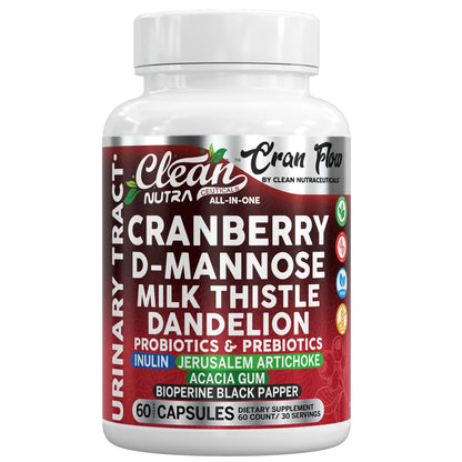 Cran Flow Cranberry Pills for Urinary Health D-Mannose Milk Thistle Dandelion Inulin Vitamin C Prebiotics and Probiotics Bladder Support By Clean Nutra - dailyvitalstore