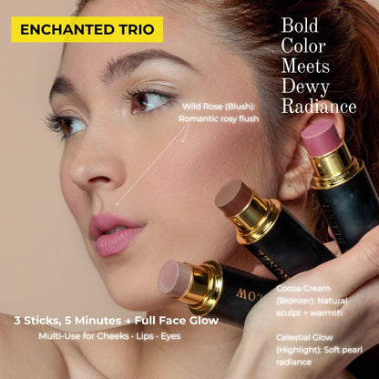Cream Contour Stick Set – Blush, Bronzer & Highlighter Trio | Hydrating, Buildable, High-Pigment Makeup with Shea Butter & Vitamin E | Phoenix Beauty Gift Set (Enchanted) - dailyvitalstore