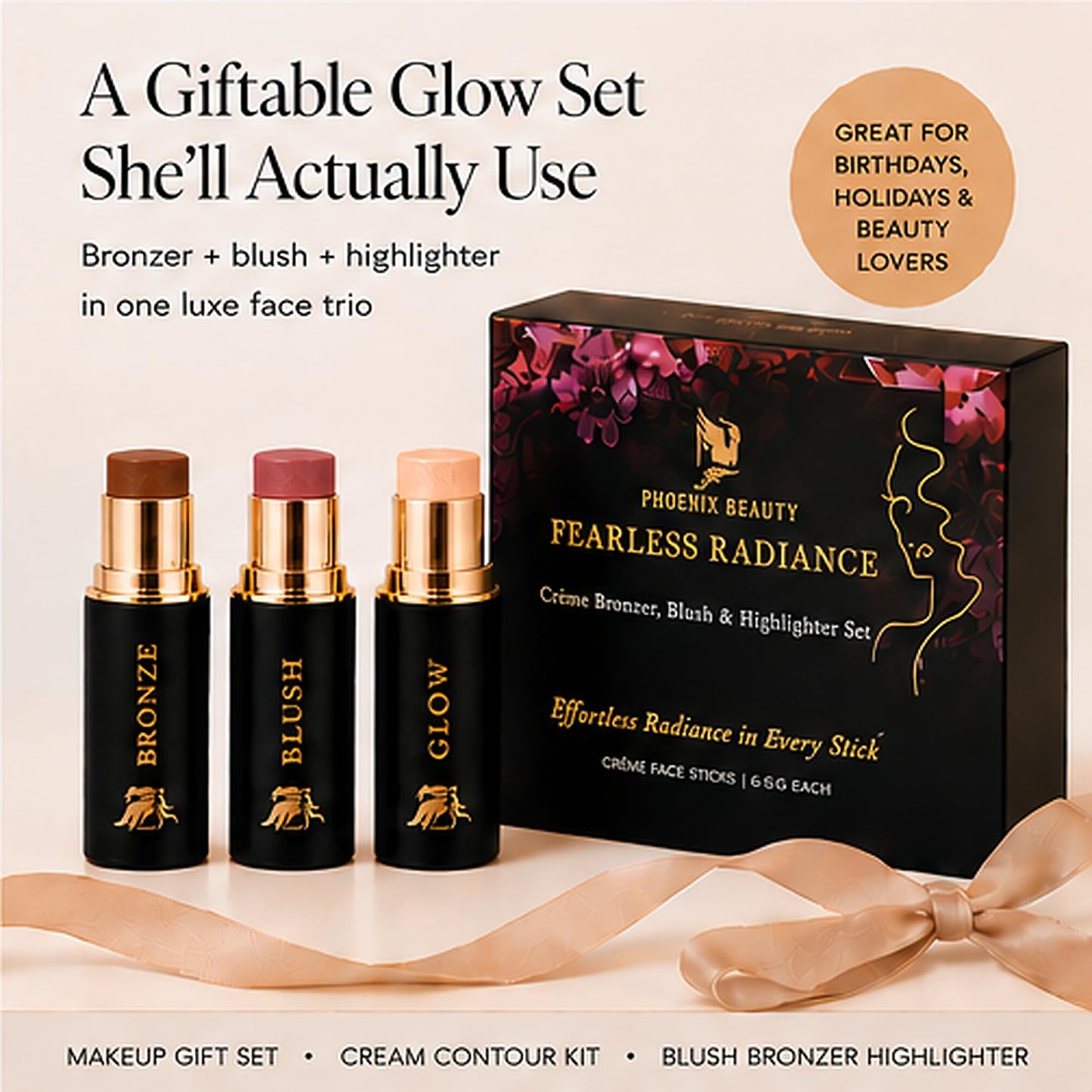 Cream Contour Stick Set – Blush, Bronzer & Highlighter Trio | Hydrating, Buildable, High-Pigment Makeup with Shea Butter & Vitamin E | Phoenix Beauty Gift Set (Enchanted) - dailyvitalstore