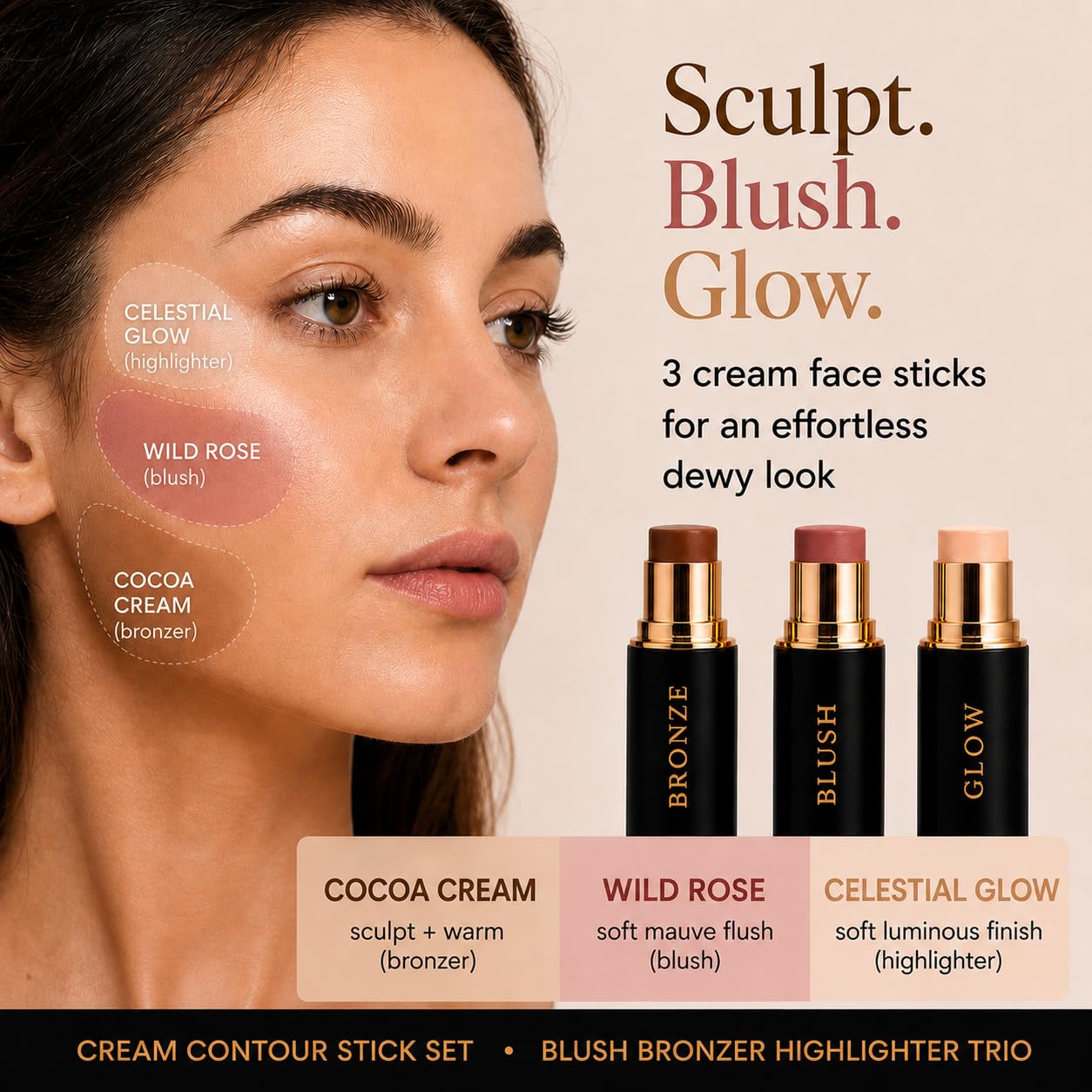 Cream Contour Stick Set – Blush, Bronzer & Highlighter Trio | Hydrating, Buildable, High-Pigment Makeup with Shea Butter & Vitamin E | Phoenix Beauty Gift Set (Enchanted) - dailyvitalstore