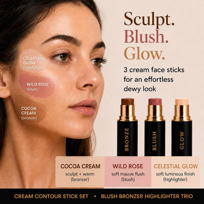 Cream Contour Stick Set – Blush, Bronzer & Highlighter Trio | Hydrating, Buildable, High-Pigment Makeup with Shea Butter & Vitamin E | Phoenix Beauty Gift Set (Enchanted) - dailyvitalstore