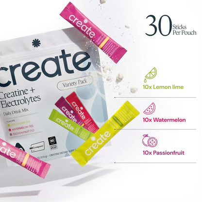 Create Creatine + Electrolytes Mix - Creatine Monohydrate Stick Packs, Supports Energy and Hydration, NSF Certified for Sport, 30 Count, Variety Pack - dailyvitalstore