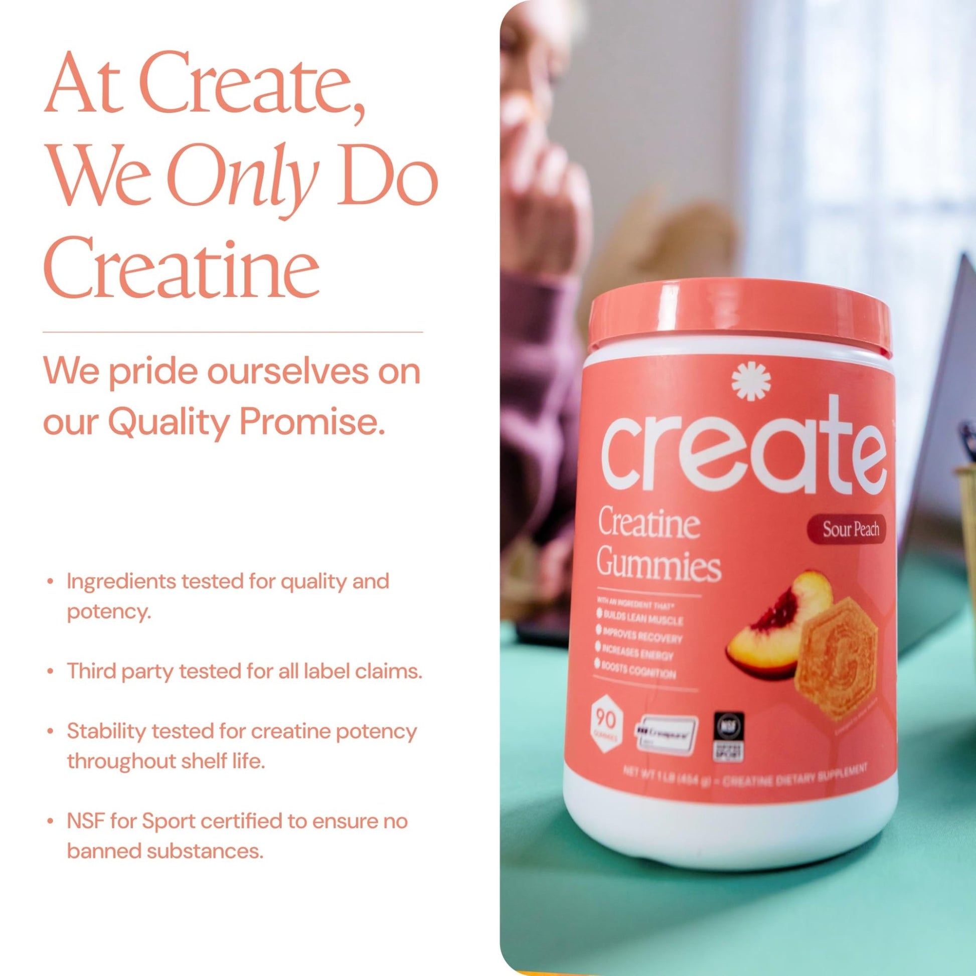 Create Creatine Monohydrate Gummies for Men & Women, Boost Focus, Strength, and Endurance, Anti-Melting Formula, Vegan, Gluten-Free, Non-GMO, 1.5g of Creatine per Gummy (Sour Peach) - dailyvitalstore