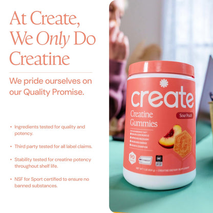 Create Creatine Monohydrate Gummies for Men & Women, Boost Focus, Strength, and Endurance, Anti-Melting Formula, Vegan, Gluten-Free, Non-GMO, 1.5g of Creatine per Gummy (Sour Peach) - dailyvitalstore