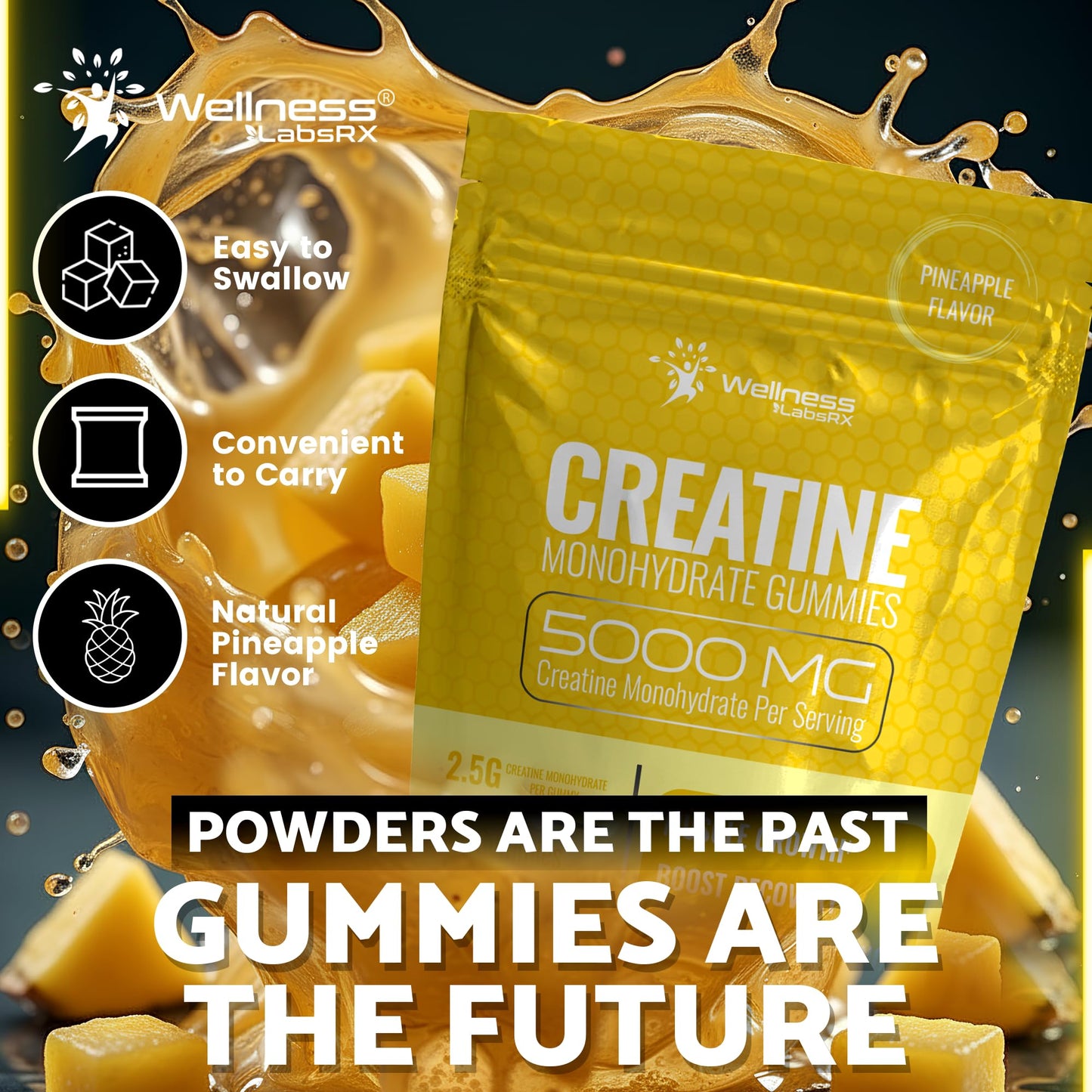 Creatine Gummies 5000mg, 30 Servings Creatine Monohydrate Gummies - Third-Party Tested Creatine for Women, Pineapple Flavor Creatine for Men, Muscle Growth, - dailyvitalstore