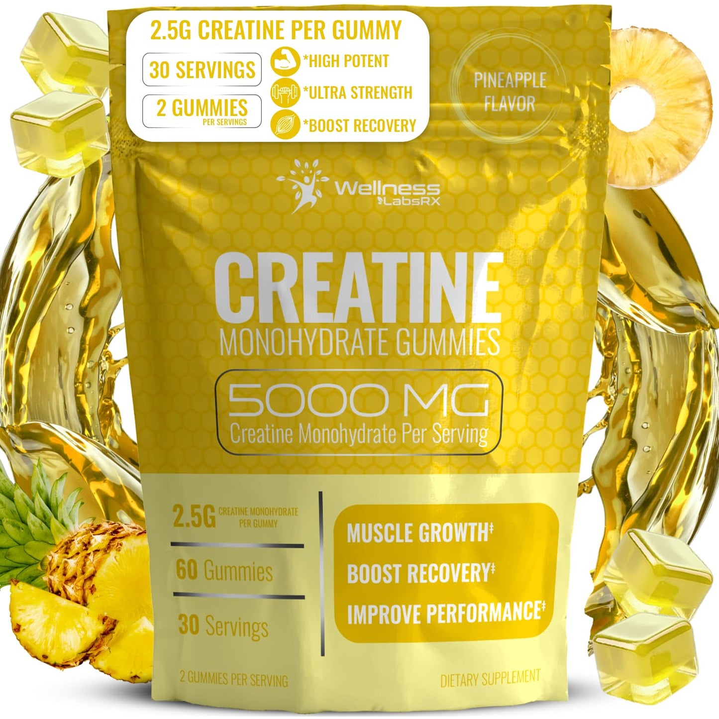 Creatine Gummies 5000mg, 30 Servings Creatine Monohydrate Gummies - Third-Party Tested Creatine for Women, Pineapple Flavor Creatine for Men, Muscle Growth, - dailyvitalstore