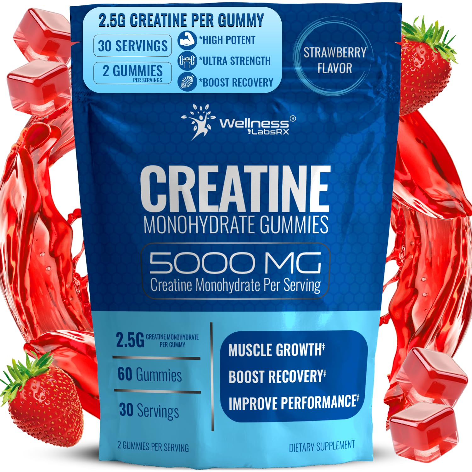 Creatine Gummies 5000mg, 30 Servings Creatine Monohydrate Gummies - Third-Party Tested Creatine for Women, Strawberry Flavor Creatine for Men, Muscle Growth, - dailyvitalstore