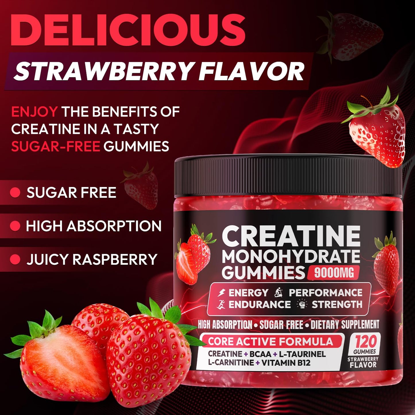 Creatine Gummies Monohydrate Complex 9000MG, Chewable Creatine Monohydrate Gummies for Men & Women with L-Taurine, BCAA 2:1, B12/6, Building Muscle - dailyvitalstore