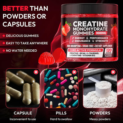 Creatine Gummies Monohydrate Complex 9000MG, Chewable Creatine Monohydrate Gummies for Men & Women with L-Taurine, BCAA 2:1, B12/6, Building Muscle - dailyvitalstore