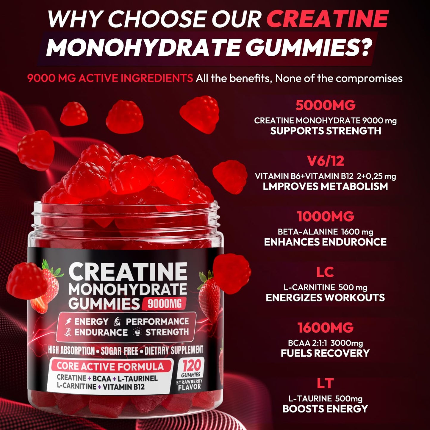 Creatine Gummies Monohydrate Complex 9000MG, Chewable Creatine Monohydrate Gummies for Men & Women with L-Taurine, BCAA 2:1, B12/6, Building Muscle - dailyvitalstore