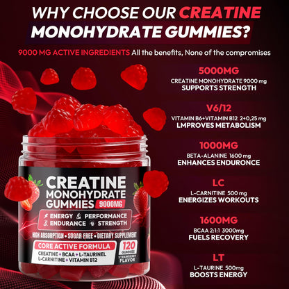 Creatine Gummies Monohydrate Complex 9000MG, Chewable Creatine Monohydrate Gummies for Men & Women with L-Taurine, BCAA 2:1, B12/6, Building Muscle - dailyvitalstore