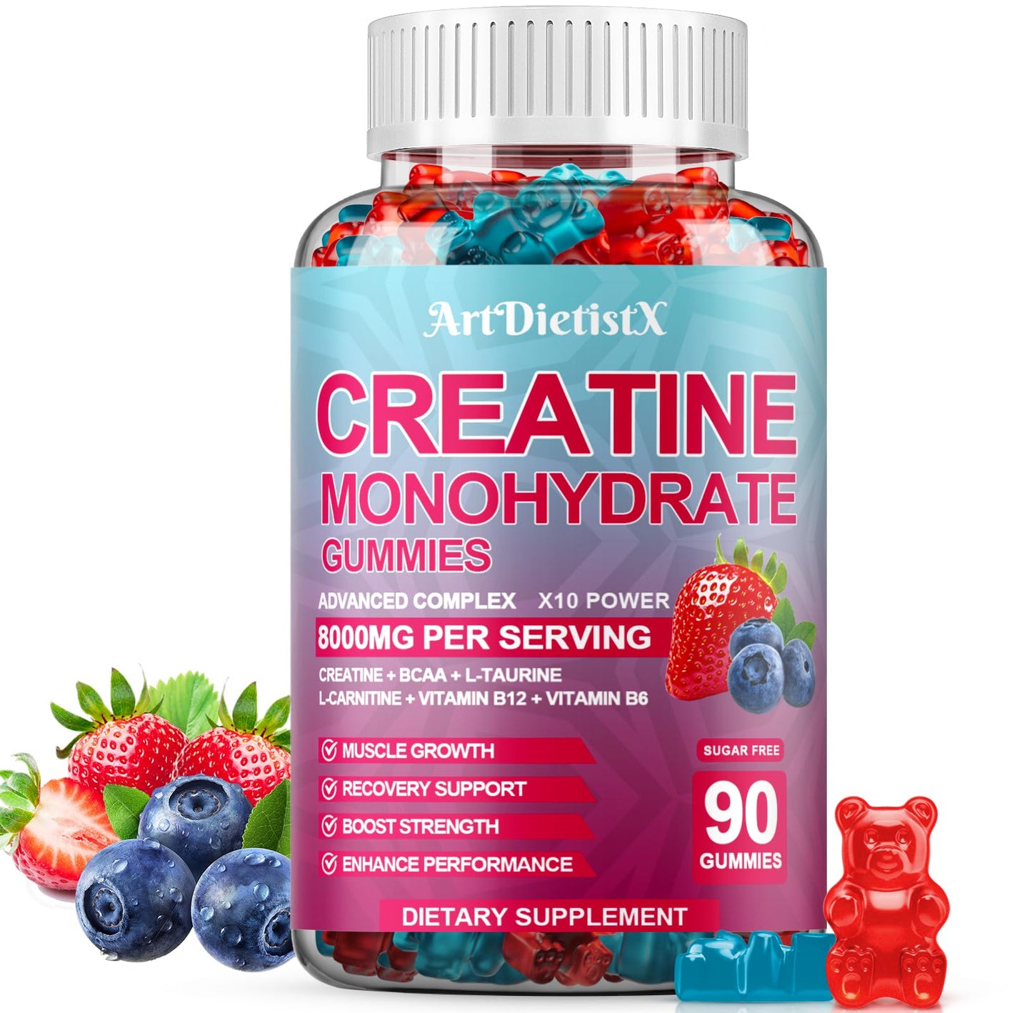 Creatine Monohydrate 8000mg Gummies with BCAA, L-Carnitine, Taurine & Vitamin B12 - Pre Workout Supplement for Muscle Growth, Strength & Energy, Multi-Flavor Chewable Gummies, - dailyvitalstore