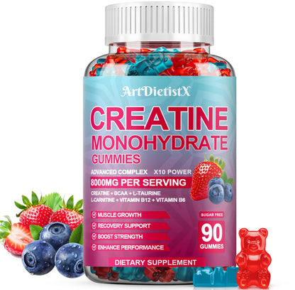 Creatine Monohydrate 8000mg Gummies with BCAA, L-Carnitine, Taurine & Vitamin B12 - Pre Workout Supplement for Muscle Growth, Strength & Energy, Multi-Flavor Chewable Gummies, - dailyvitalstore