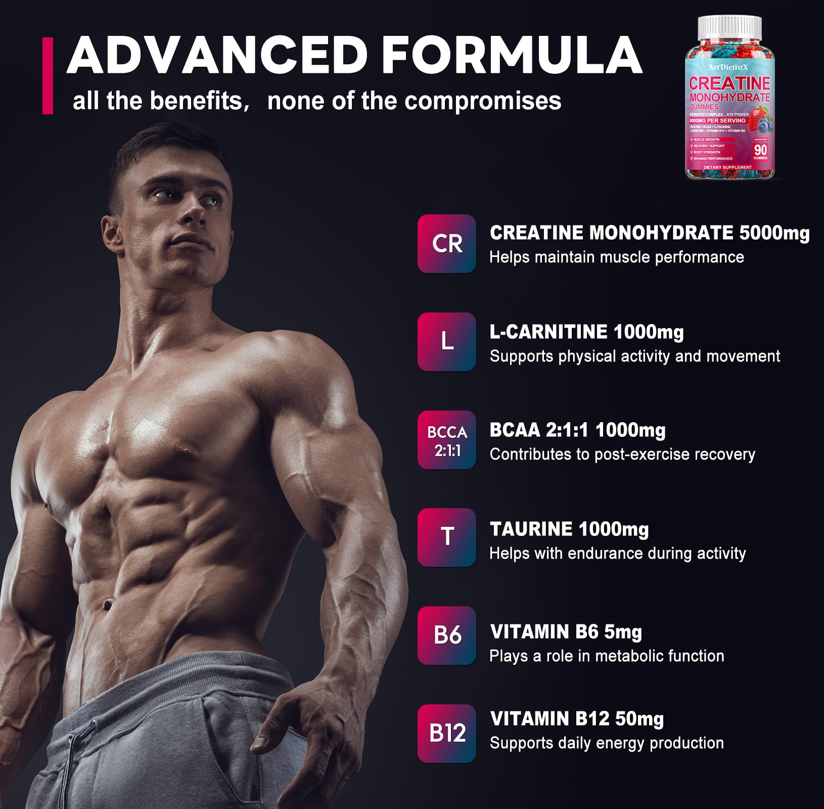 Creatine Monohydrate 8000mg Gummies with BCAA, L-Carnitine, Taurine & Vitamin B12 - Pre Workout Supplement for Muscle Growth, Strength & Energy, Multi-Flavor Chewable Gummies, - dailyvitalstore