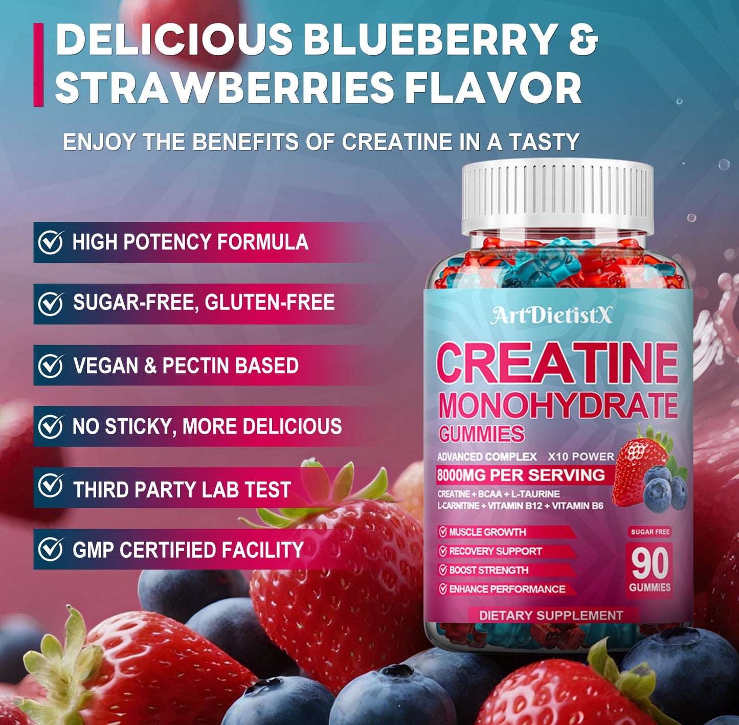 Creatine Monohydrate 8000mg Gummies with BCAA, L-Carnitine, Taurine & Vitamin B12 - Pre Workout Supplement for Muscle Growth, Strength & Energy, Multi-Flavor Chewable Gummies, - dailyvitalstore