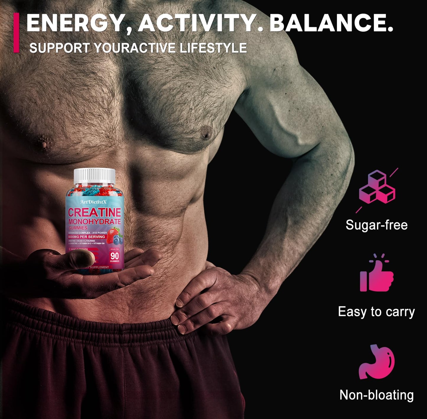 Creatine Monohydrate 8000mg Gummies with BCAA, L-Carnitine, Taurine & Vitamin B12 - Pre Workout Supplement for Muscle Growth, Strength & Energy, Multi-Flavor Chewable Gummies, - dailyvitalstore