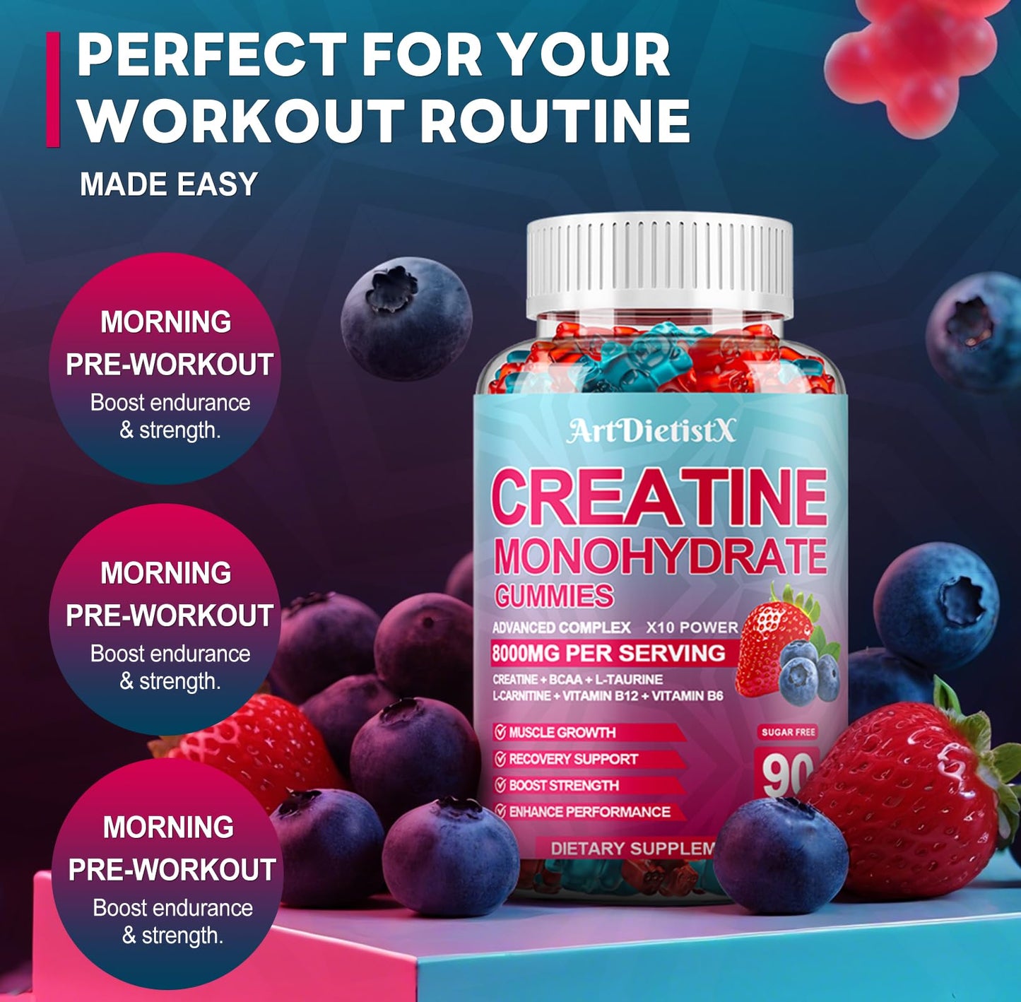 Creatine Monohydrate 8000mg Gummies with BCAA, L-Carnitine, Taurine & Vitamin B12 - Pre Workout Supplement for Muscle Growth, Strength & Energy, Multi-Flavor Chewable Gummies, - dailyvitalstore