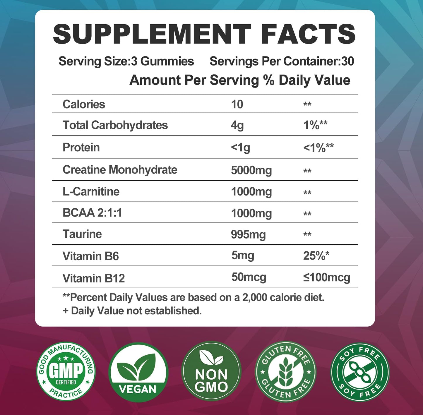 Creatine Monohydrate 8000mg Gummies with BCAA, L-Carnitine, Taurine & Vitamin B12 - Pre Workout Supplement for Muscle Growth, Strength & Energy, Multi-Flavor Chewable Gummies, - dailyvitalstore