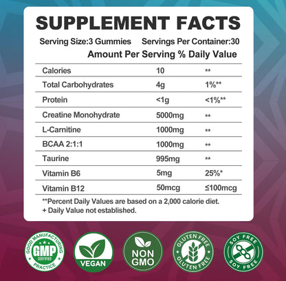 Creatine Monohydrate 8000mg Gummies with BCAA, L-Carnitine, Taurine & Vitamin B12 - Pre Workout Supplement for Muscle Growth, Strength & Energy, Multi-Flavor Chewable Gummies, - dailyvitalstore