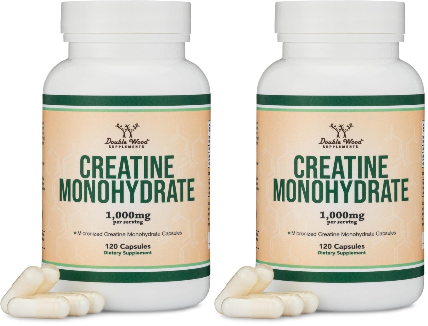 Creatine Monohydrate Capsules - 1g per Serving, 120 Count - No Fillers, Vegan Safe, Non-GMO, Gluten Free by Double Wood (Pack of 2) - dailyvitalstore