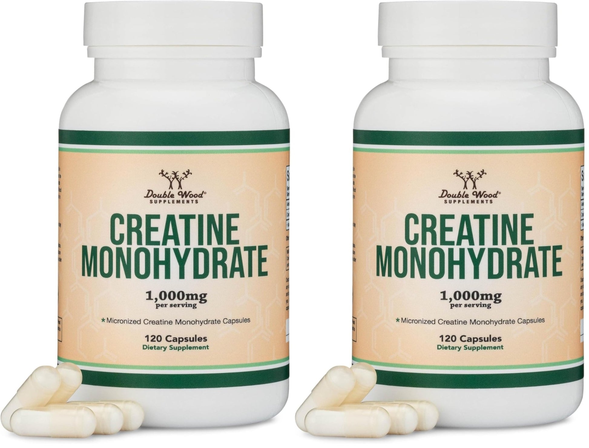 Creatine Monohydrate Capsules - 1g per Serving, 120 Count - No Fillers, Vegan Safe, Non-GMO, Gluten Free by Double Wood (Pack of 2) - dailyvitalstore