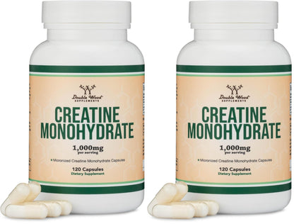 Creatine Monohydrate Capsules - 1g per Serving, 120 Count - No Fillers, Vegan Safe, Non-GMO, Gluten Free by Double Wood (Pack of 2) - dailyvitalstore