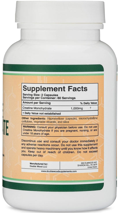Creatine Monohydrate Capsules - 1g per Serving, 120 Count - No Fillers, Vegan Safe, Non-GMO, Gluten Free by Double Wood (Pack of 2) - dailyvitalstore