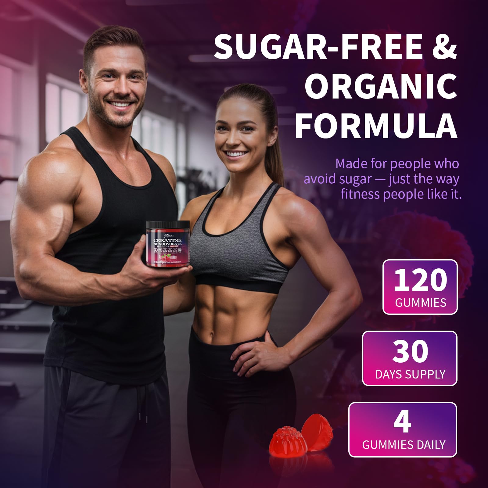 Creatine Monohydrate Gummies 5000mg for Men & Women, Organic Pure Creatine Gummies | Sugar Free,Vegan, Non-GMO,Raspberry Flavor, 120 Count - dailyvitalstore