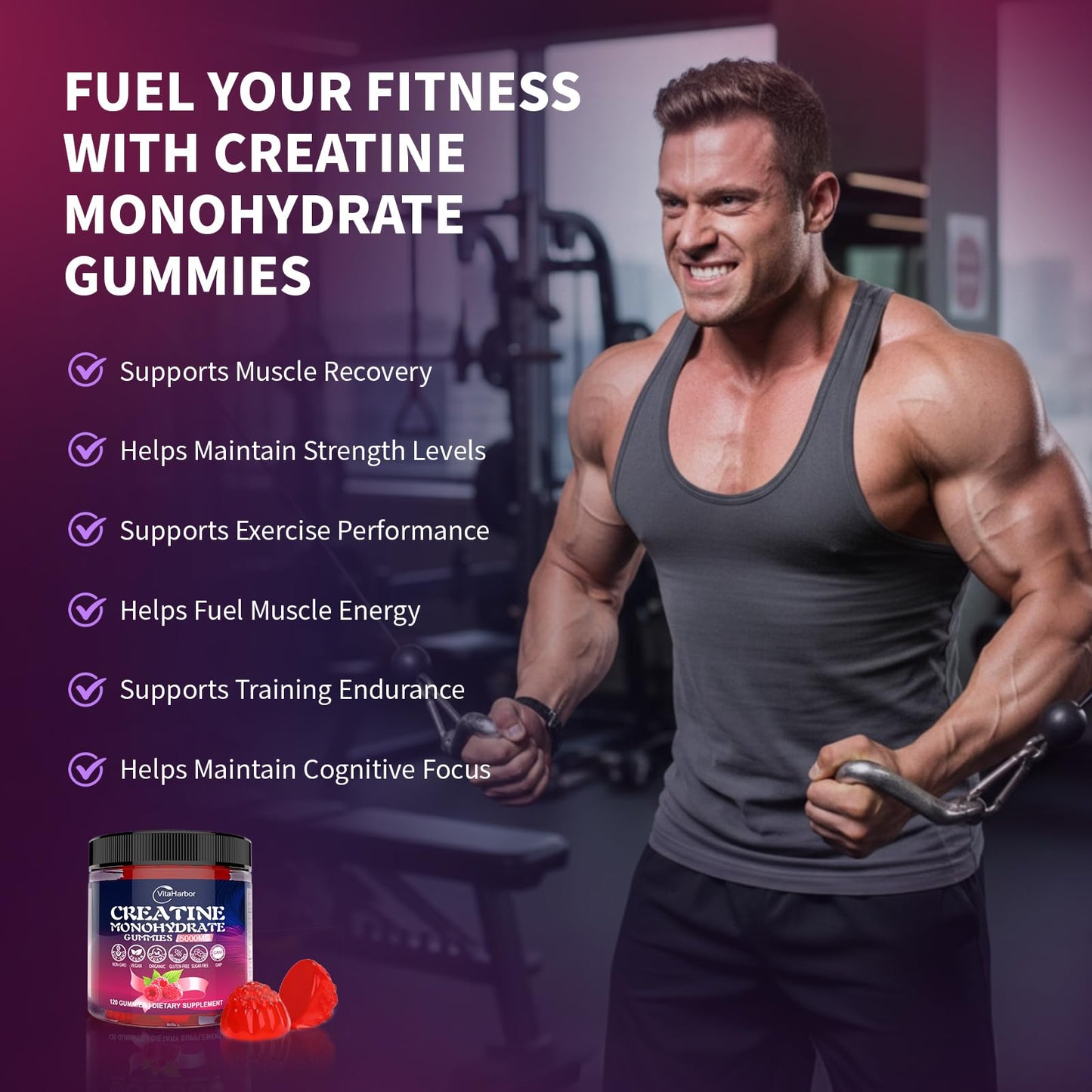 Creatine Monohydrate Gummies 5000mg for Men & Women, Organic Pure Creatine Gummies | Sugar Free,Vegan, Non-GMO,Raspberry Flavor, 120 Count - dailyvitalstore