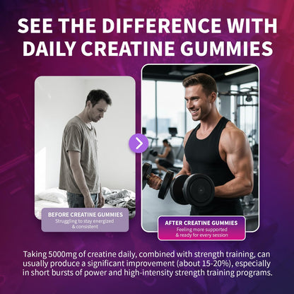 Creatine Monohydrate Gummies 5000mg for Men & Women, Organic Pure Creatine Gummies | Sugar Free,Vegan, Non-GMO,Raspberry Flavor, 120 Count - dailyvitalstore
