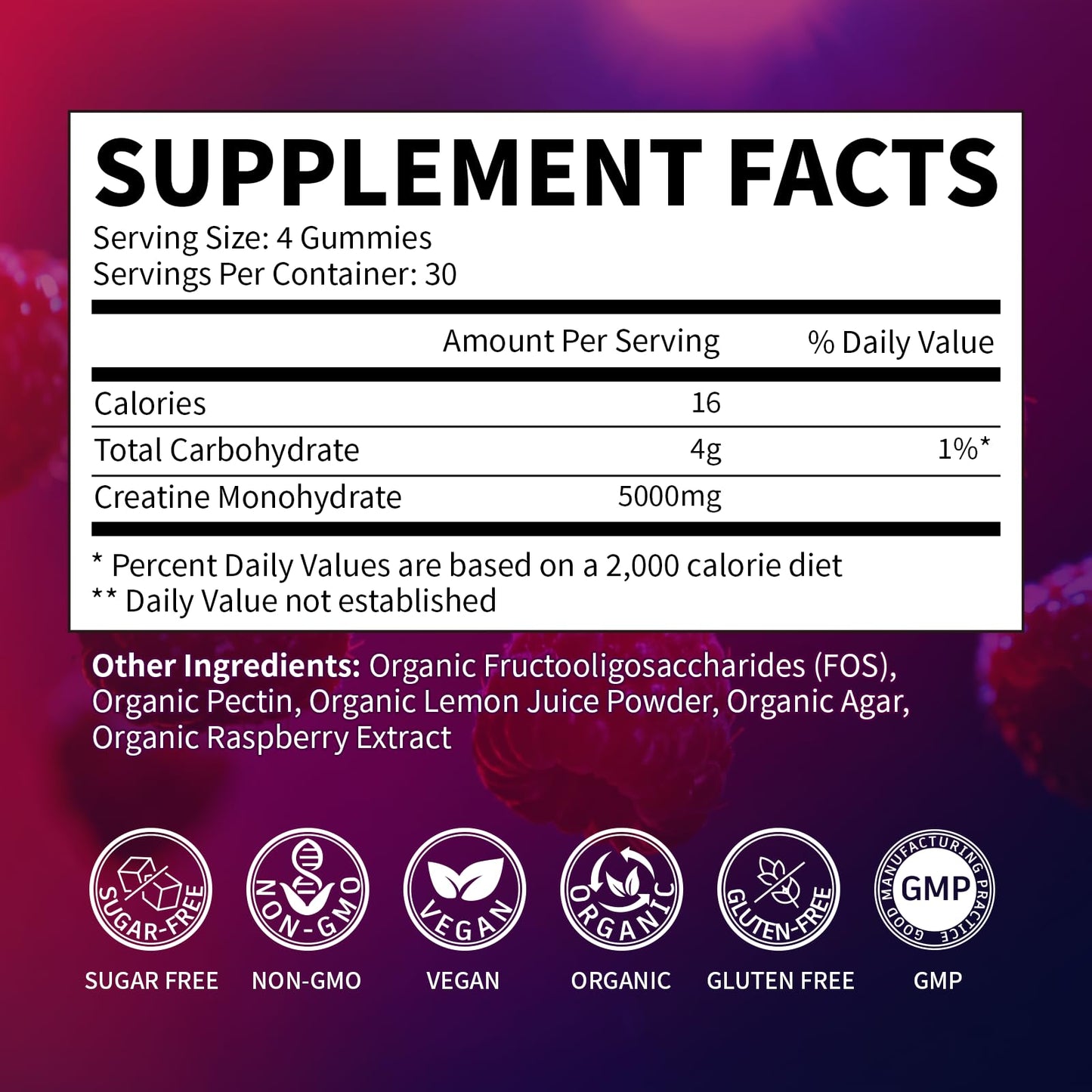 Creatine Monohydrate Gummies 5000mg for Men & Women, Organic Pure Creatine Gummies | Sugar Free,Vegan, Non-GMO,Raspberry Flavor, 120 Count - dailyvitalstore