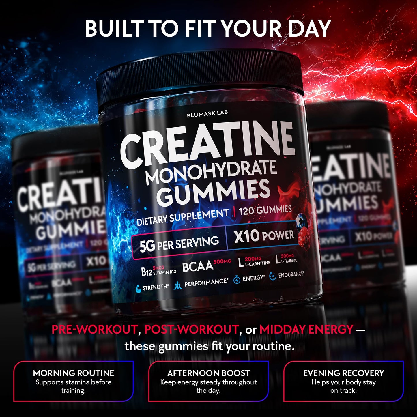 Creatine Monohydrate Gummies Complex 5000 MG for Men & Women, Preworkout Gummy with BCAA, L-Carnitine, Taurine & Vitamin B12 for Muscle Growth, - dailyvitalstore