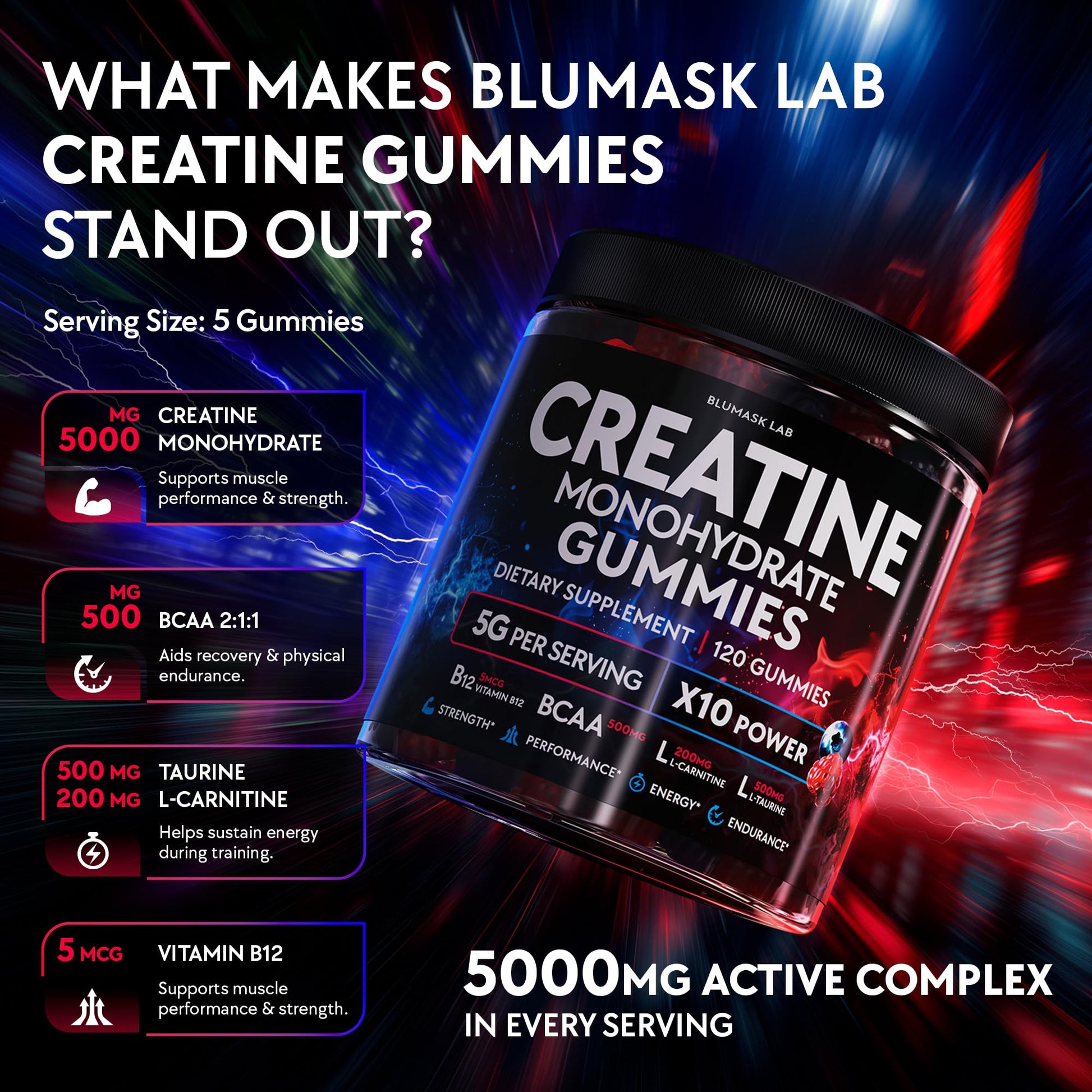 Creatine Monohydrate Gummies Complex 5000 MG for Men & Women, Preworkout Gummy with BCAA, L-Carnitine, Taurine & Vitamin B12 for Muscle Growth, - dailyvitalstore