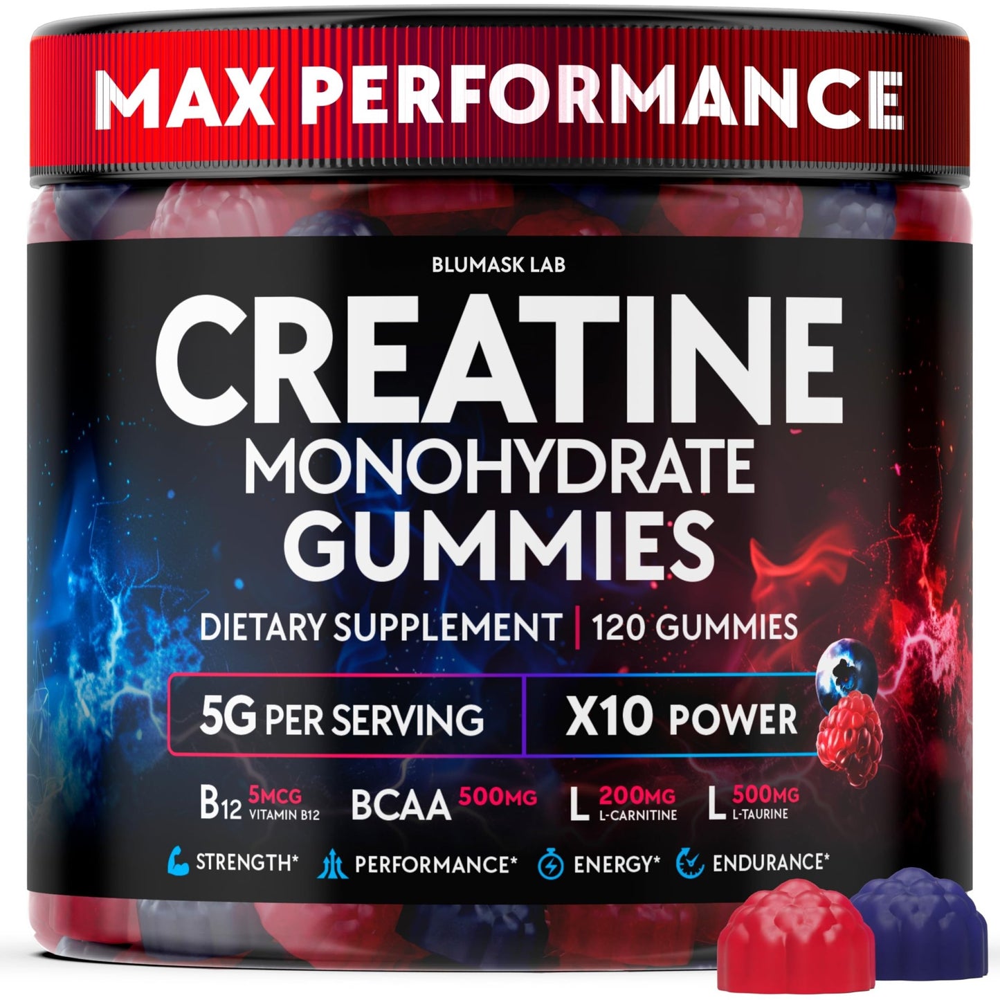 Creatine Monohydrate Gummies Complex 5000 MG for Men & Women, Preworkout Gummy with BCAA, L-Carnitine, Taurine & Vitamin B12 for Muscle Growth, - dailyvitalstore