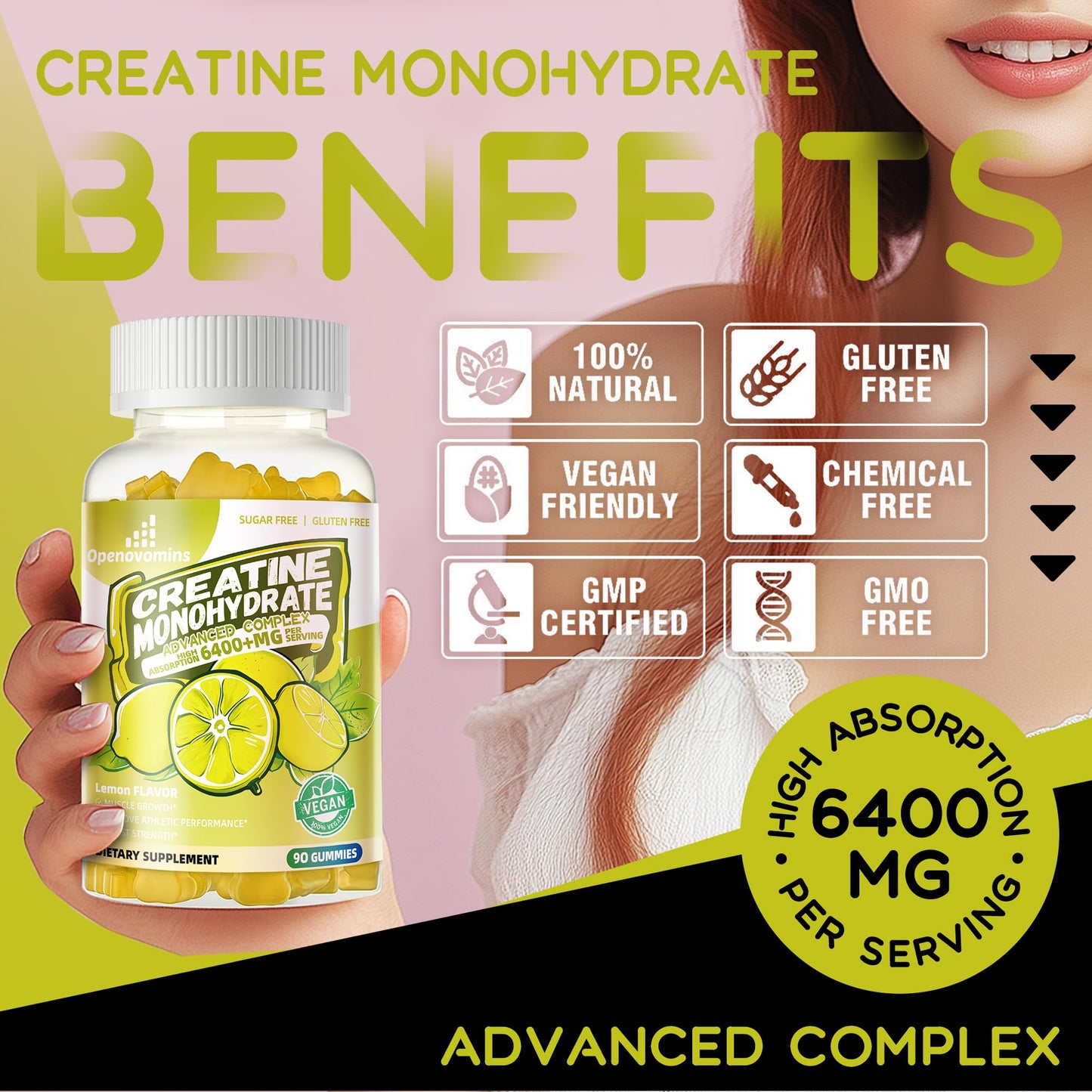 Creatine Monohydrate Gummies Complex for Men & Women -Advanced Formula W/L-Taurine + Vitamin B12, Sugar Free Chewable Supplement,90 Lemon Gummies - dailyvitalstore