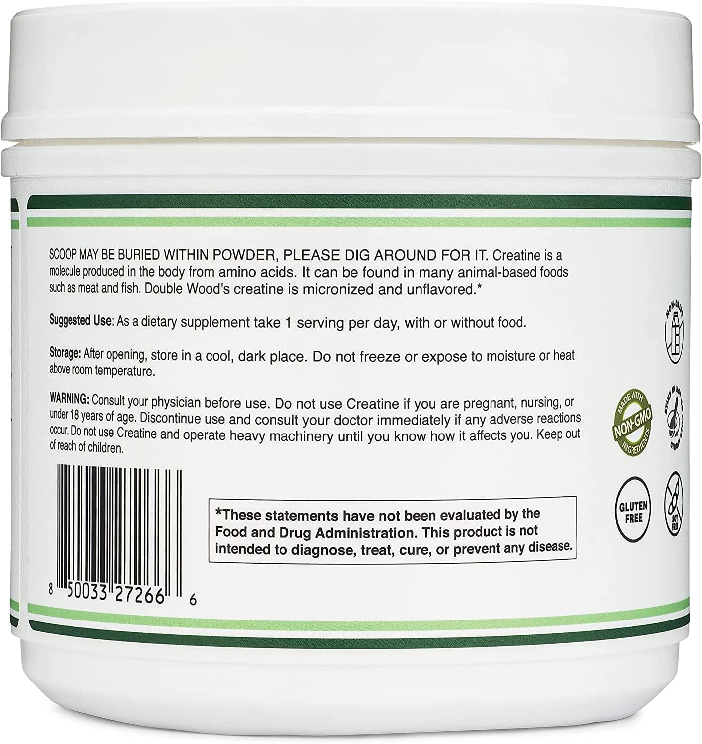 Creatine Monohydrate Powder 1.1lbs (100 Servings of 5 Grams Each) - No Fillers, Vegan Safe, Non-GMO, Gluten Free by Double Wood - dailyvitalstore