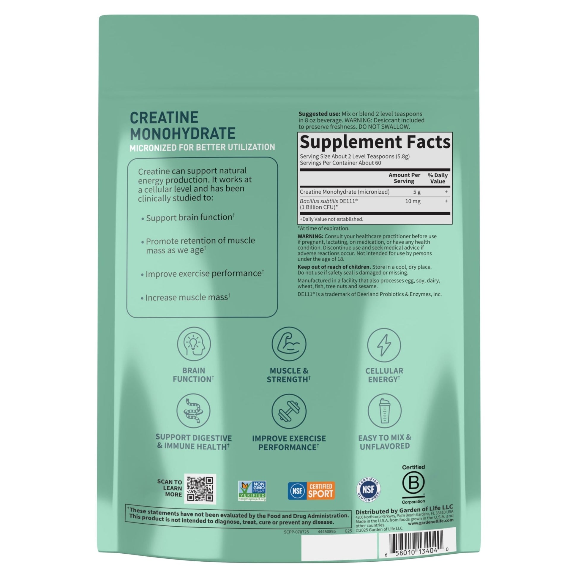 Creatine Monohydrate Powder for Women and Men by Garden of Life, Micronized Pre Workout with Probiotics for Muscle, Strength, Performance, Sport Amino Energy, - dailyvitalstore