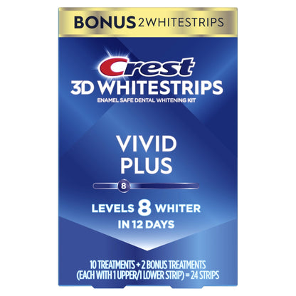 Crest 3D Whitestrips Vivid Plus, Teeth Whitening Strip Kit, 10 Treatments + 2 Bonus Treatments (Each with 1 Upper/1 Lower Strip), 24 Strips - dailyvitalstore