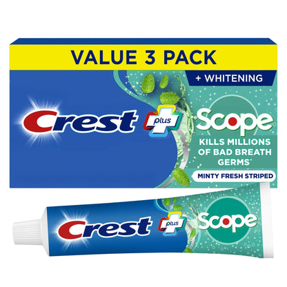 Crest + Scope Whitening Toothpaste - Pack of 3, 5.4 Oz Tubes - Anticavity Fluoride Toothpaste, Fresh Breath, Kills Germs - Tartar Protection, - dailyvitalstore
