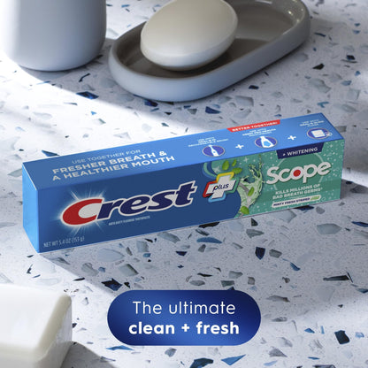 Crest + Scope Whitening Toothpaste - Pack of 3, 5.4 Oz Tubes - Anticavity Fluoride Toothpaste, Fresh Breath, Kills Germs - Tartar Protection, - dailyvitalstore