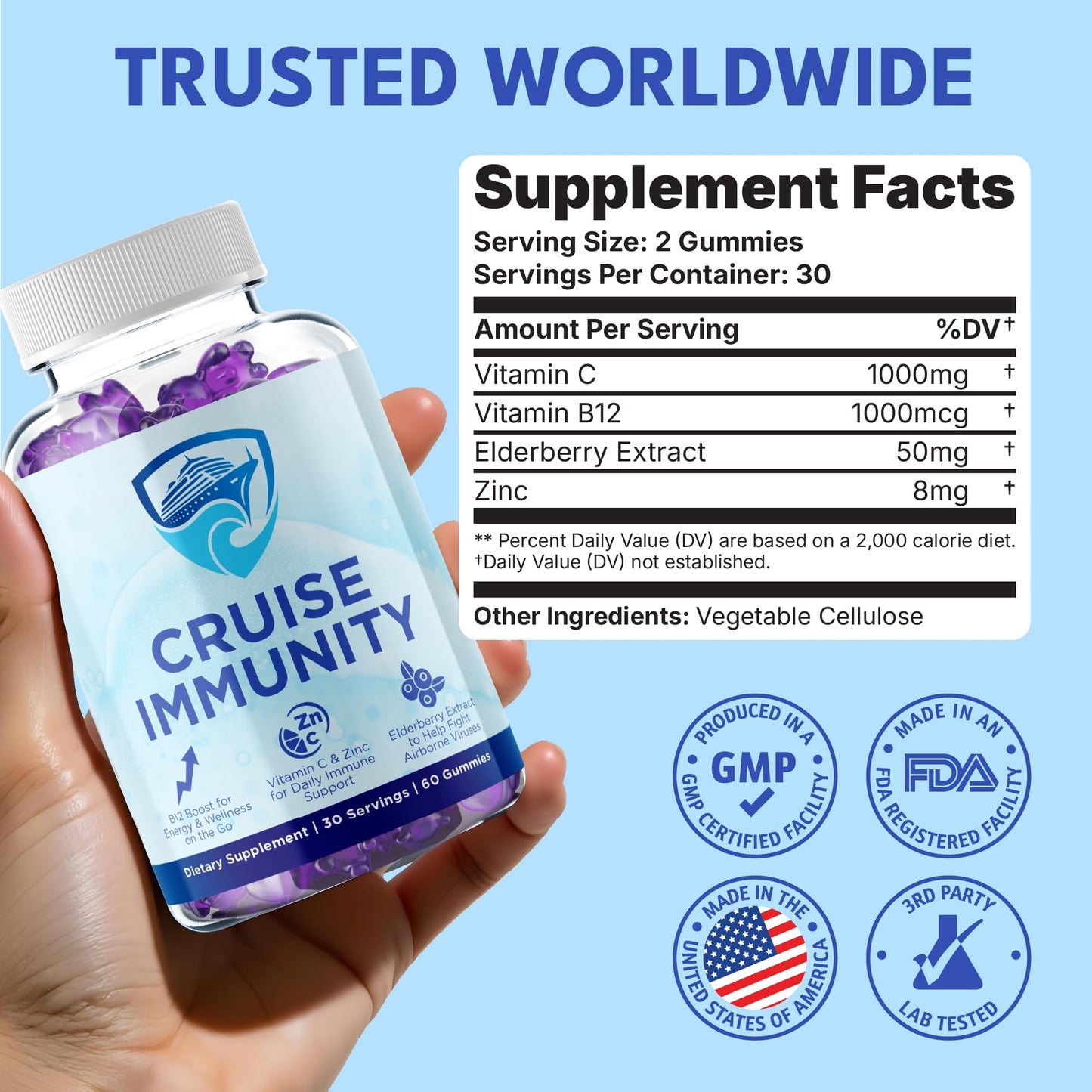 CRUISE IMMUNITY Immune Support Gummies for Cruisers with Vitamin C, B12, Zinc, Elderberry Extract, 60 Gummies, 30 Servings - dailyvitalstore