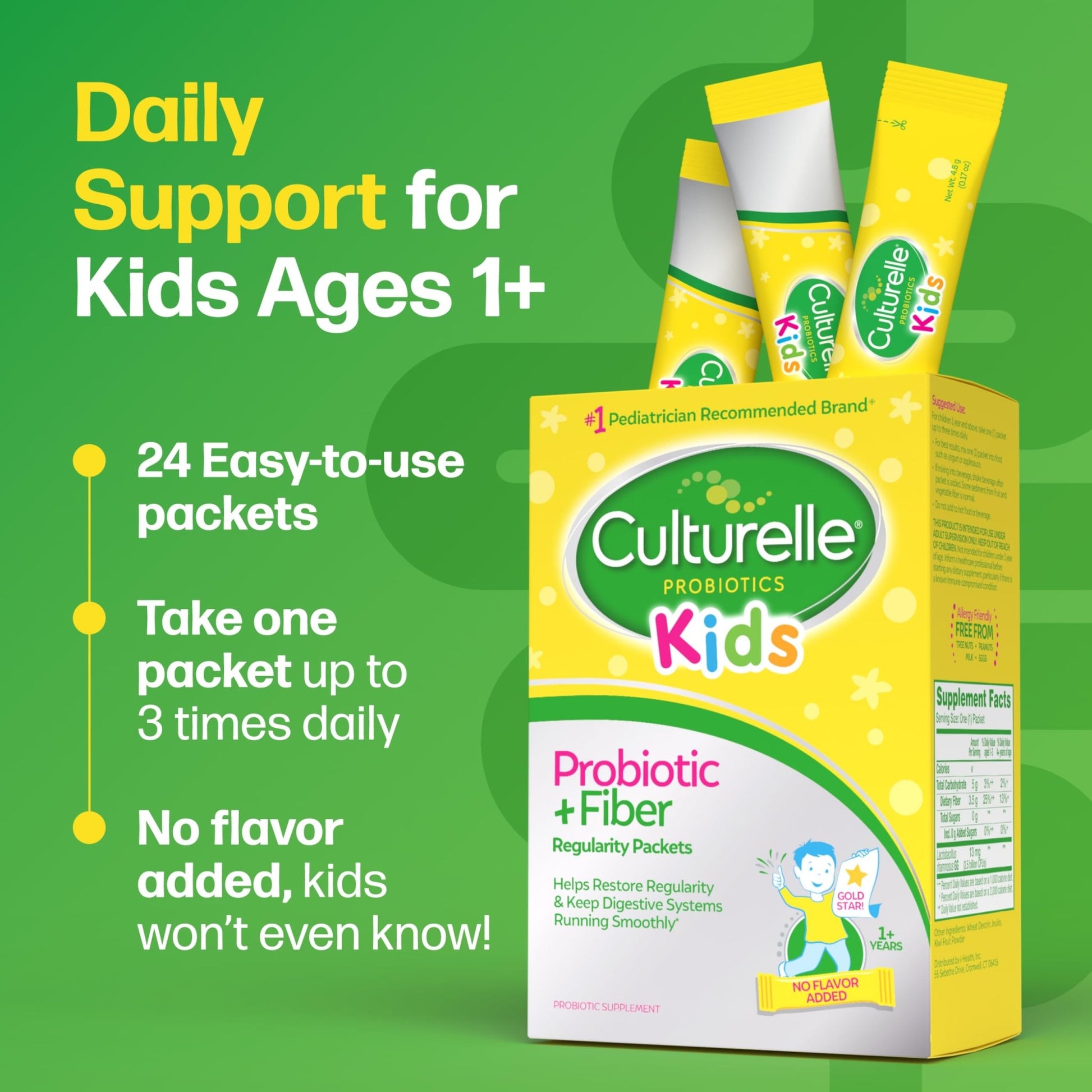 Culturelle Kids Probiotic + Fiber Packets (Ages 3+) - 24 Count - Digestive Health & Immune Support - Helps Restore Regularity (Packaging may vary) - dailyvitalstore
