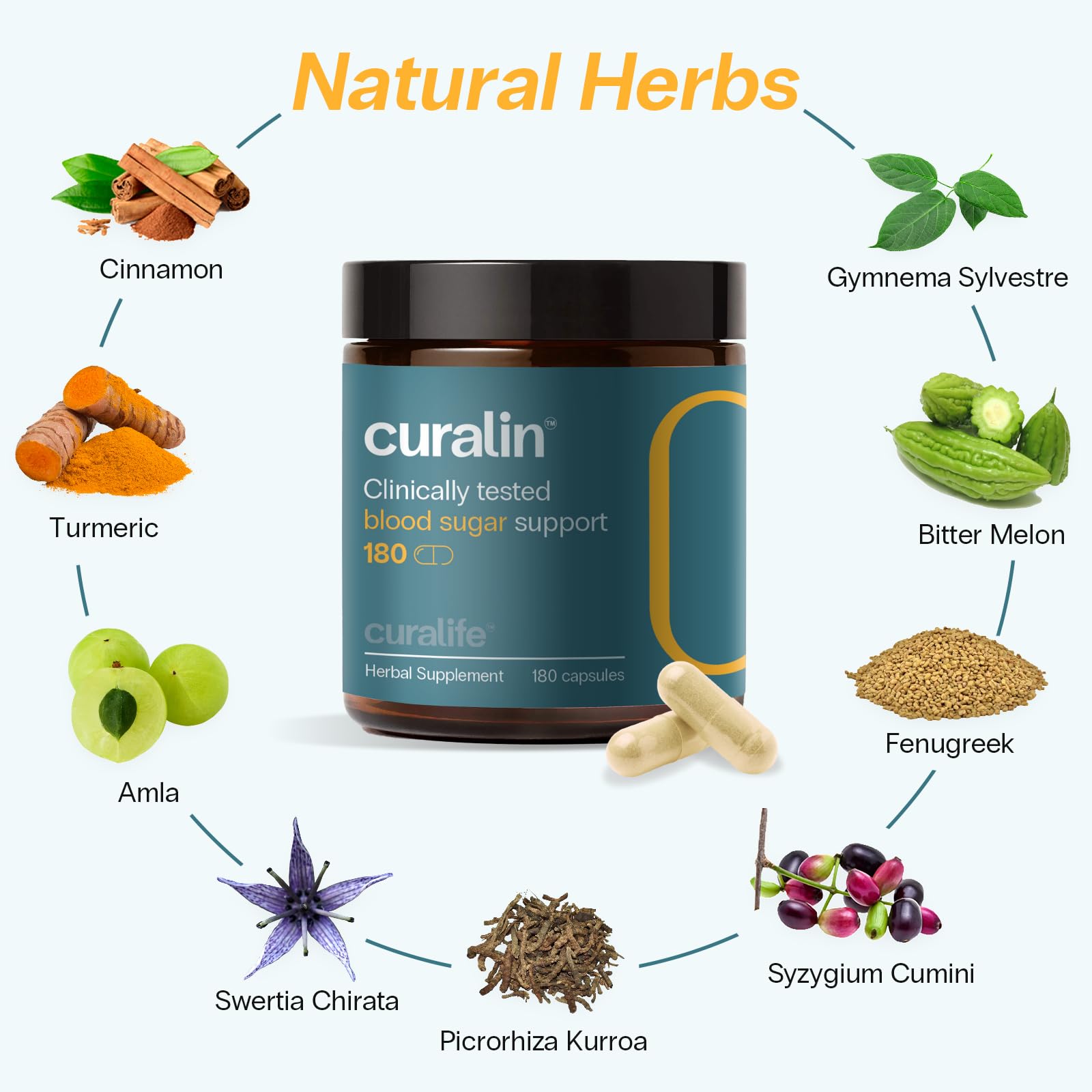 Curalin Blood Sugar Complex: 9 Herb Blend Cinnamon Bitter Melon Gymnema for Glucose Metabolism & Energy Support – Busy Workers & Senior Adults - dailyvitalstore