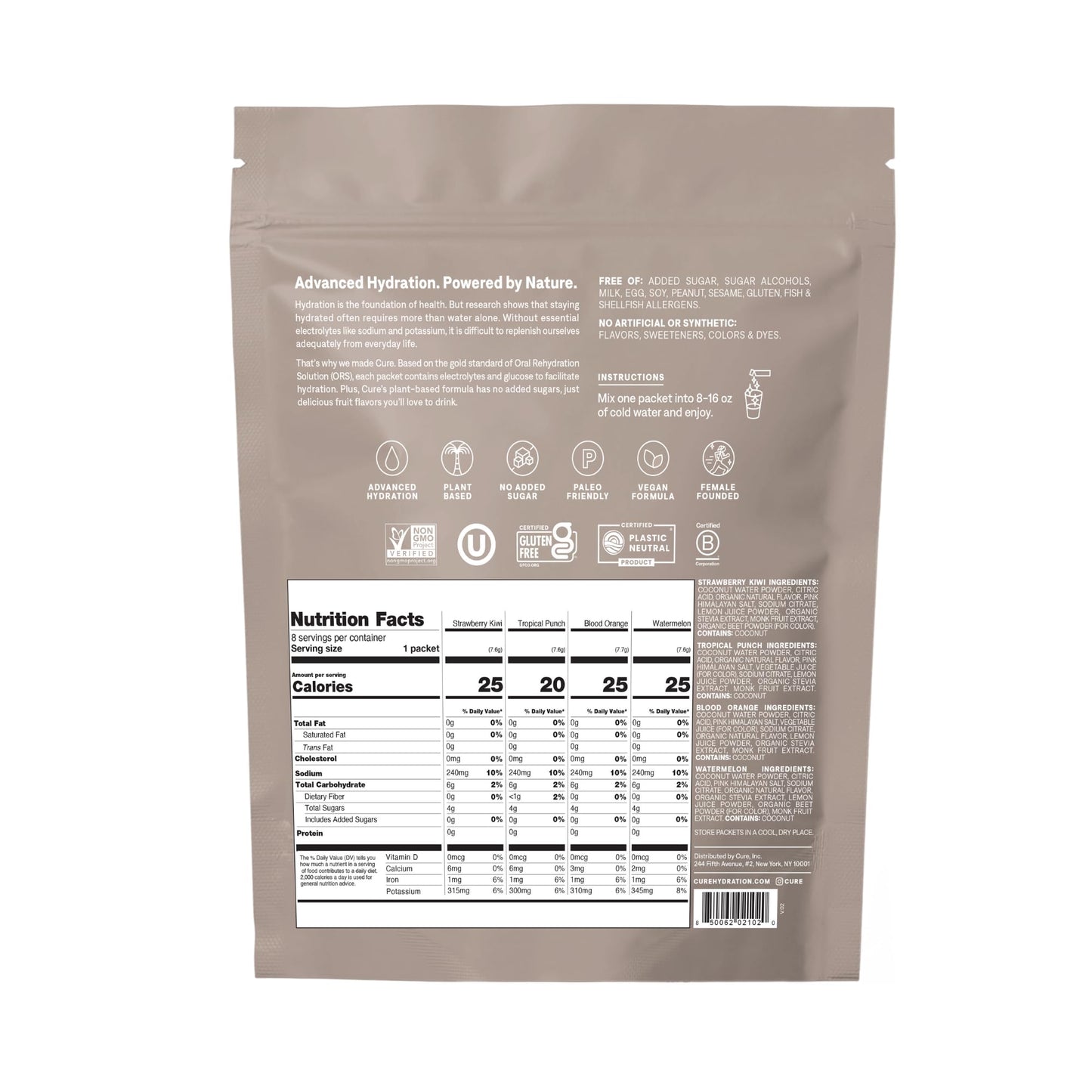 Cure Hydration | Plant-Based Electrolyte Drink Mix | No Added Sugar | FSA-HSA | Dehydration Relief Powder Made with Coconut Water | Non-GMO | Vegan - dailyvitalstore