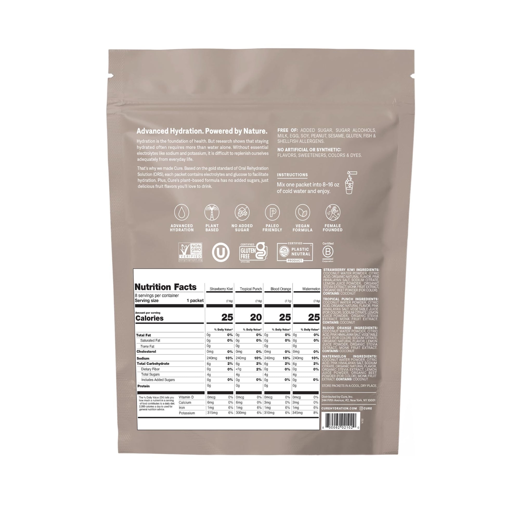 Cure Hydration | Plant-Based Electrolyte Drink Mix | No Added Sugar | FSA-HSA | Dehydration Relief Powder Made with Coconut Water | Non-GMO | Vegan - dailyvitalstore